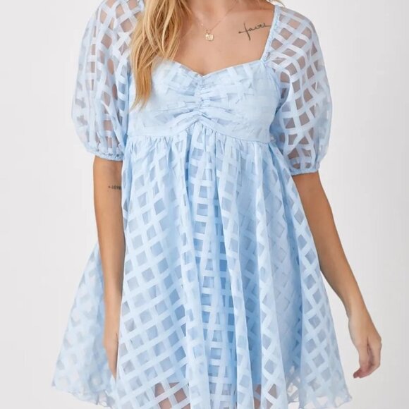 Baby Blue Checkered Puff Sleeve Mini Dress - Picture 1 of 8